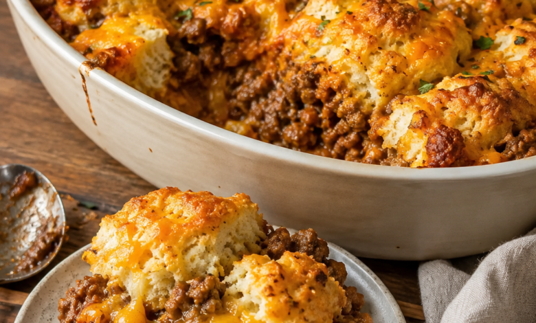 Cheesy Sloppy Joe biscuit casserole with saucy ground beef, golden biscuits, and melted cheddar cheese.