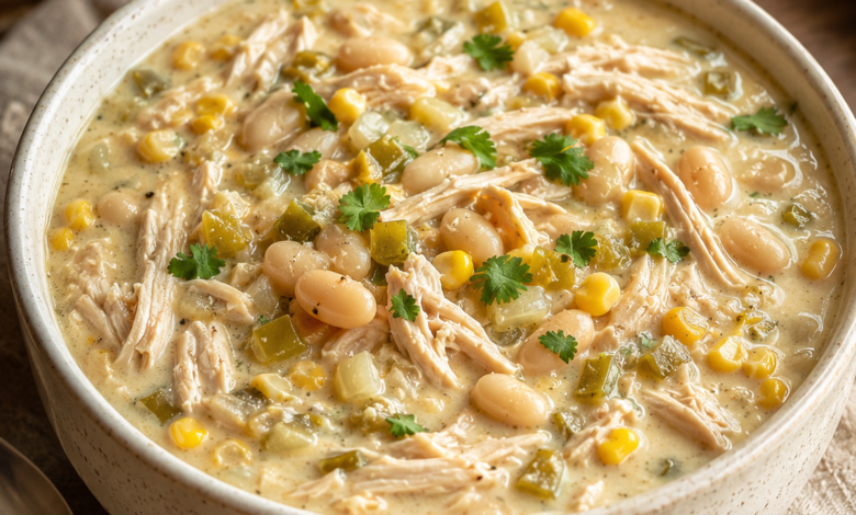Slow cooker creamy white chicken chili with shredded chicken, white beans, corn and green chiles.