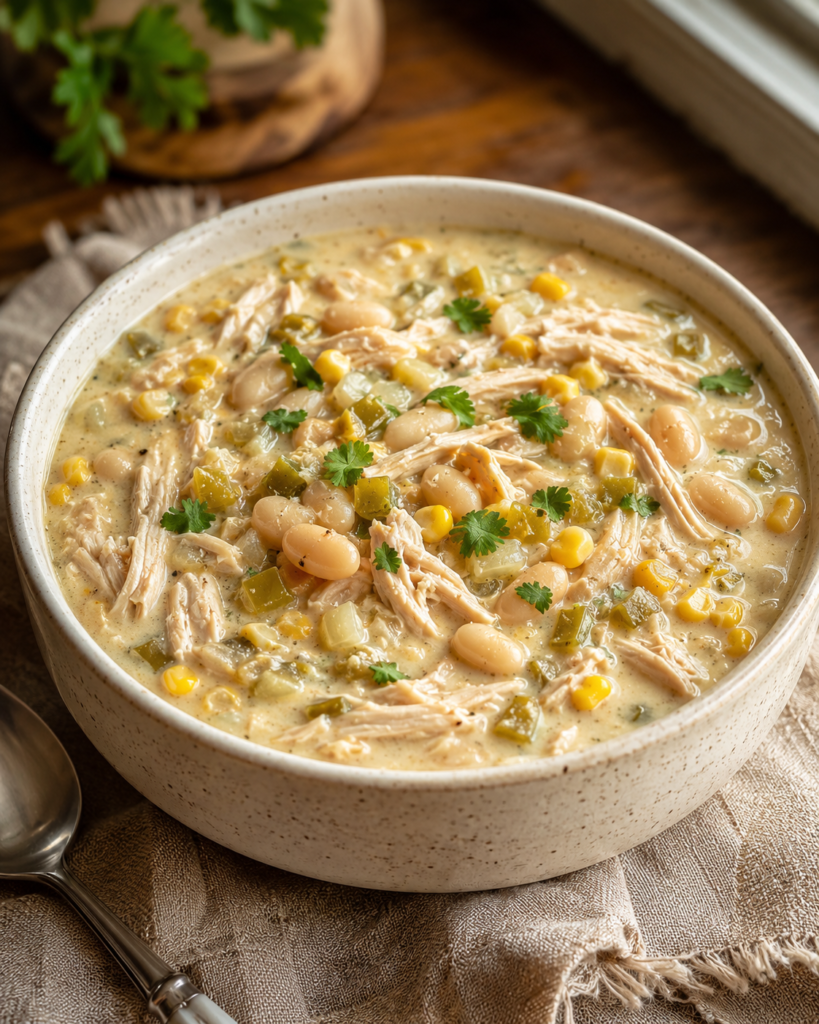 Slow cooker creamy white chicken chili with shredded chicken, white beans, corn and green chiles.