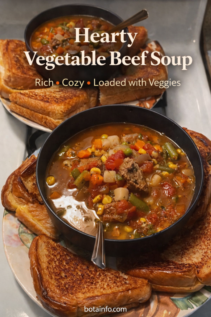 Hearty Vegetable Beef Soup with Toasted Bread (Comfort Food Classic)
