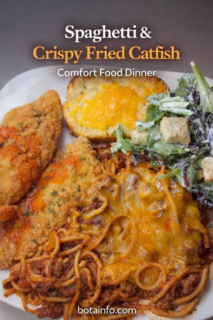 Spaghetti with Fried Catfish, Cheesy Garlic Bread & Caesar Salad