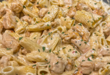 Creamy 30 minute garlic parmesan chicken pasta with tender chicken and ziti in a skillet