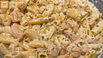 Creamy 30 minute garlic parmesan chicken pasta with tender chicken and ziti in a skillet