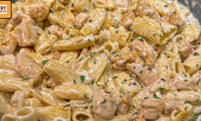 Creamy 30 minute garlic parmesan chicken pasta with tender chicken and ziti in a skillet