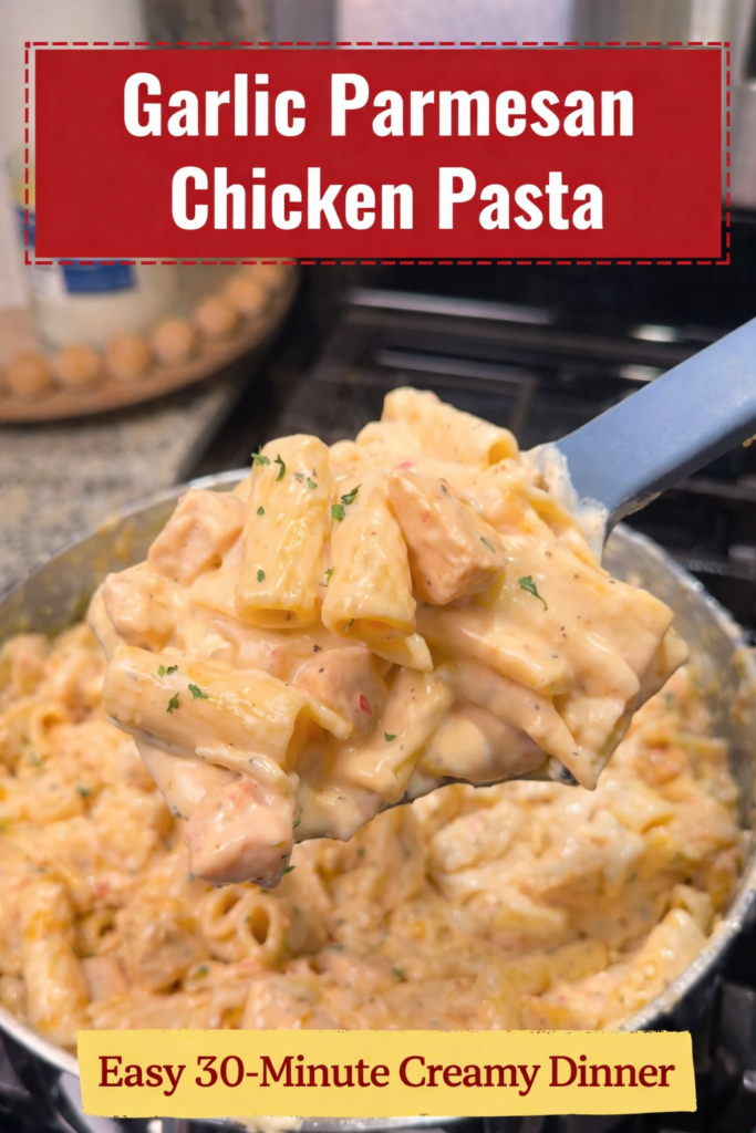 Creamy 30 minute garlic parmesan chicken pasta with diced chicken and ziti in a skillet