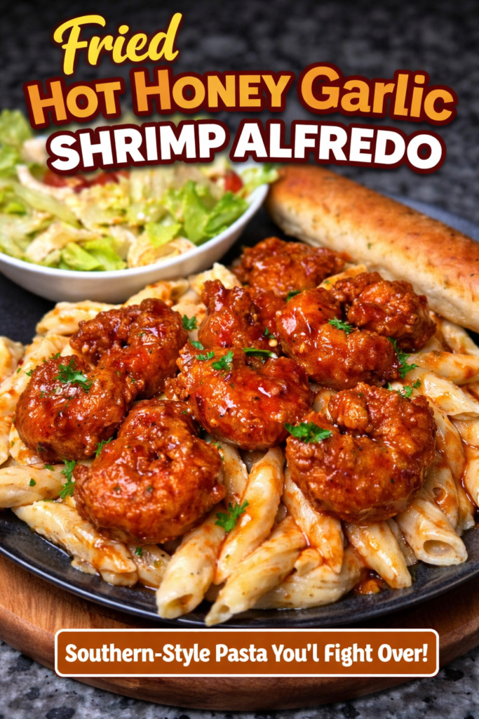 Fried Hot Honey Garlic Shrimp Alfredo – Creamy Southern Pasta with a Crispy Kick