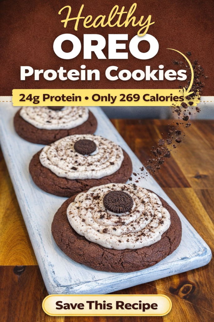 High protein chocolate cookies topped with cookies and cream Oreo frosting swirl.