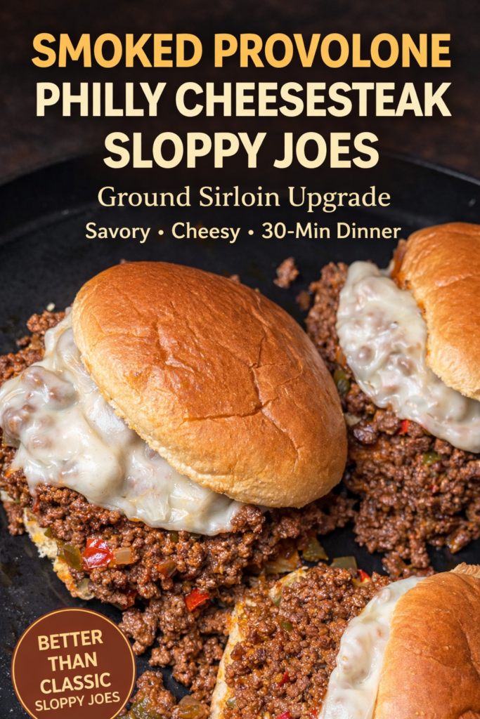 Smoked Provolone Philly Cheesesteak Sloppy Joes with Ground Sirloin