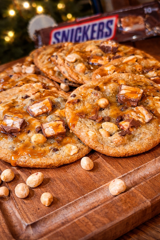 Bakery style Snickers cookies with gooey caramel, chocolate chunks, and peanuts on wooden board