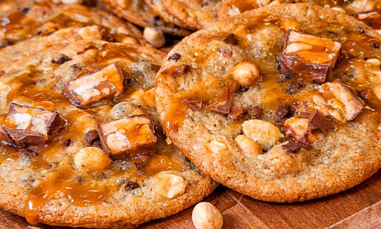 Bakery style Snickers cookies with gooey caramel, chocolate chunks, and peanuts on wooden board