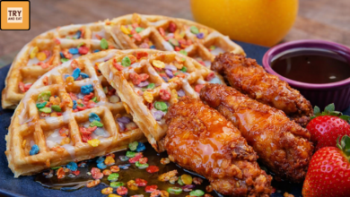 Fruity Pebbles Waffles with Honey Glazed Chicken (Easy Sweet & Savory Brunch)