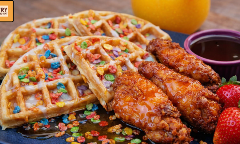 Fruity Pebbles Waffles with Honey Glazed Chicken (Easy Sweet & Savory Brunch)
