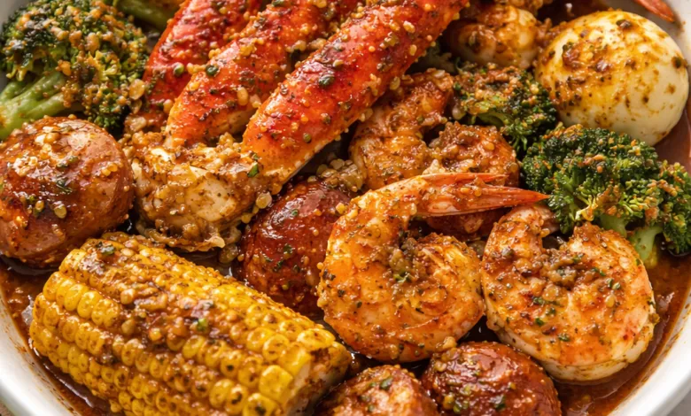 Cajun seafood boil bowl with shrimp, crab legs, corn, potatoes, and garlic butter sauce