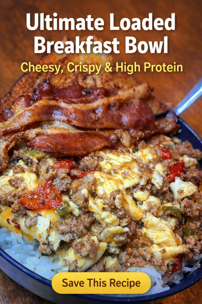 cheesy bacon breakfast rice bowl with eggs beef and peppers
