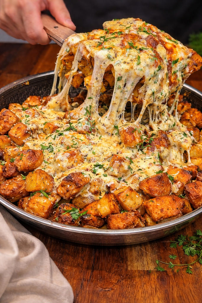 Cheesy garlic parmesan potatoes with melted mozzarella and crispy roasted cubes