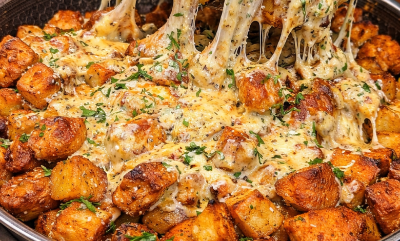 Cheesy garlic parmesan potatoes with melted mozzarella and crispy roasted cubes