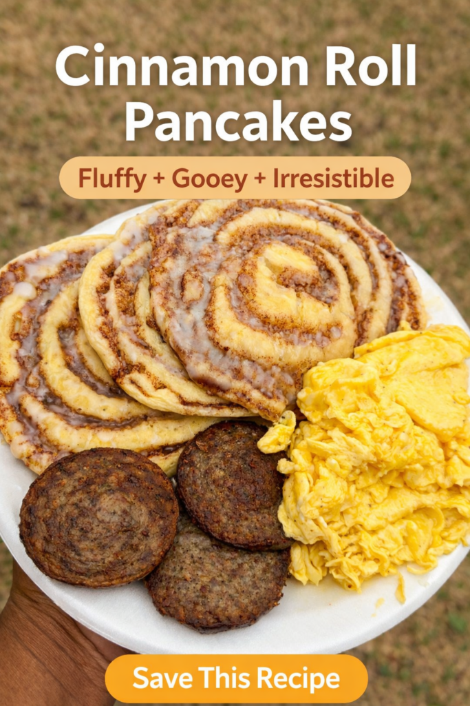 Cinnamon roll pancakes with glaze served with scrambled eggs and sausage on a breakfast plate