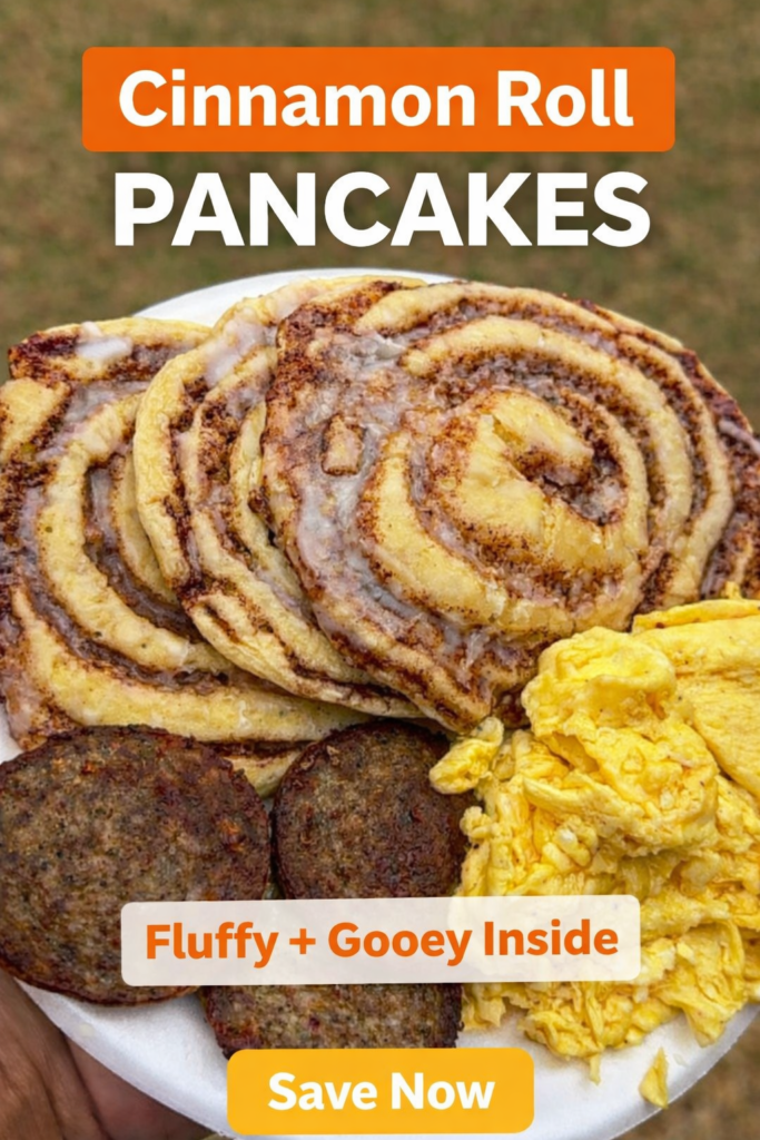Fluffy cinnamon roll pancakes with brown sugar swirl and glaze drizzle