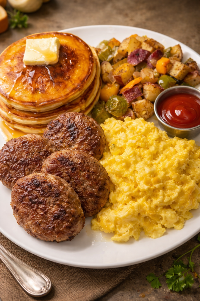 Classic American breakfast plate with pancakes, scrambled eggs, sausage, and crispy potatoes