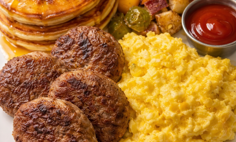 Classic American breakfast plate with pancakes, scrambled eggs, sausage, and crispy potatoes