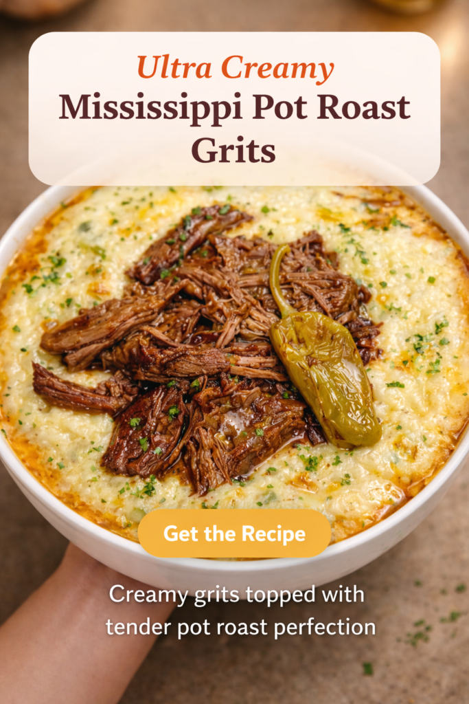 Ultra creamy grits bowl topped with slow cooker shredded beef and melted cheese