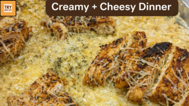 Creamy chicken alfredo casserole baked with penne pasta and parmesan cheese