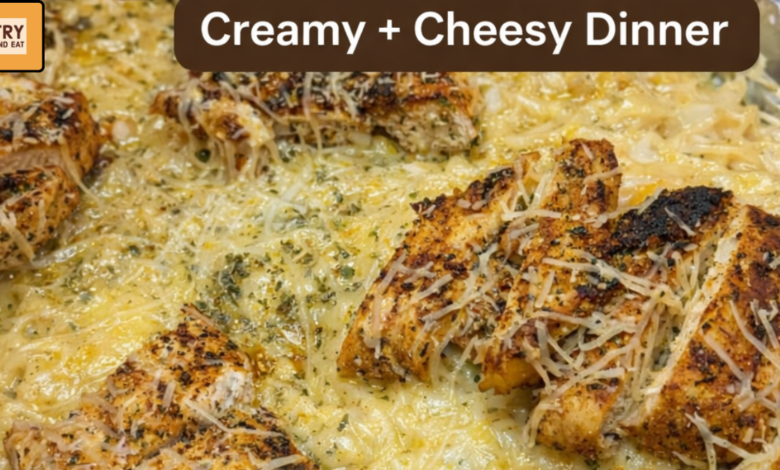 Creamy chicken alfredo casserole baked with penne pasta and parmesan cheese