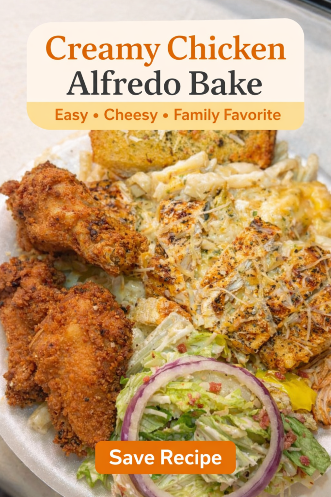 Creamy chicken Alfredo pasta bake with grilled chicken, melted cheese, garlic bread, and salad