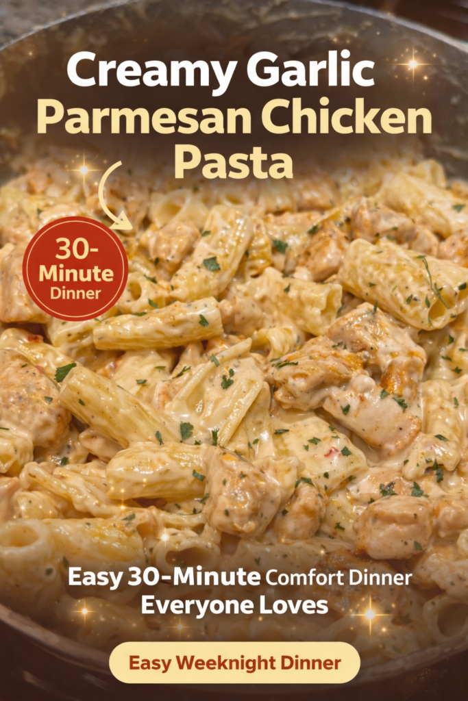 Creamy garlic parmesan chicken pasta with tender chicken and ziti pasta in rich parmesan sauce.