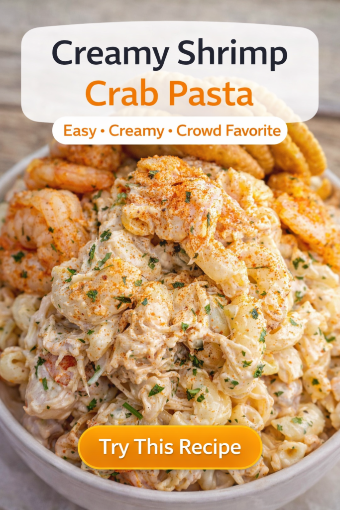 Creamy shrimp and crab pasta salad topped with seasoned shrimp and herbs in a bowl