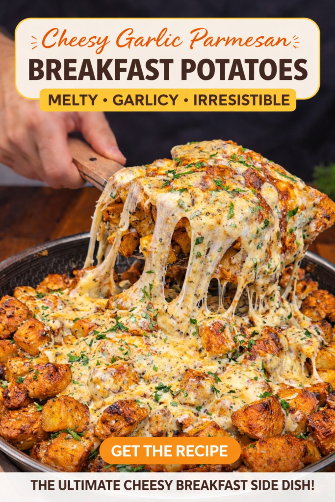 Crispy roasted potatoes topped with melted cheese and herbs in skillet