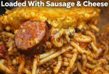 baked spaghetti casserole with golden cornbread crust
