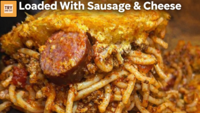 baked spaghetti casserole with golden cornbread crust