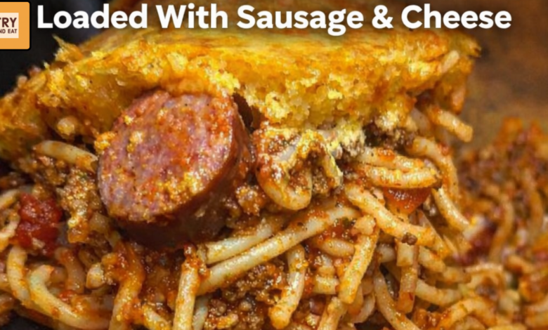 baked spaghetti casserole with golden cornbread crust