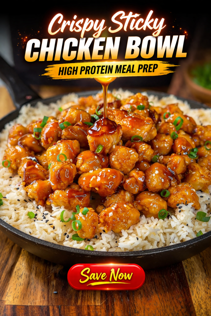 Crispy honey garlic chicken bites over white rice with sesame seeds