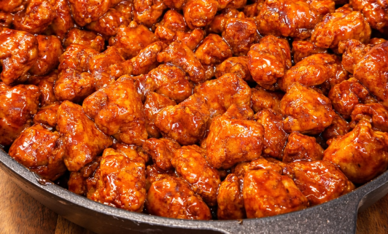 Crispy Korean chicken bites coated in sticky sweet spicy sauce in skillet