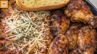 Loaded pasta bowl with ranch chicken wings, parmesan spaghetti, and toast