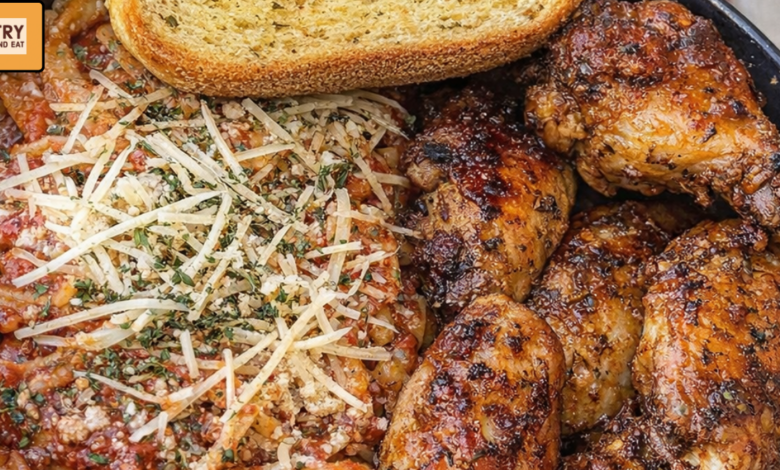 Loaded pasta bowl with ranch chicken wings, parmesan spaghetti, and toast