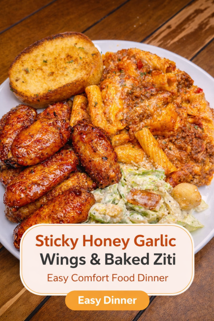 Comfort food dinner plate with saucy wings, baked ziti pasta, toasted garlic bread, and Caesar salad