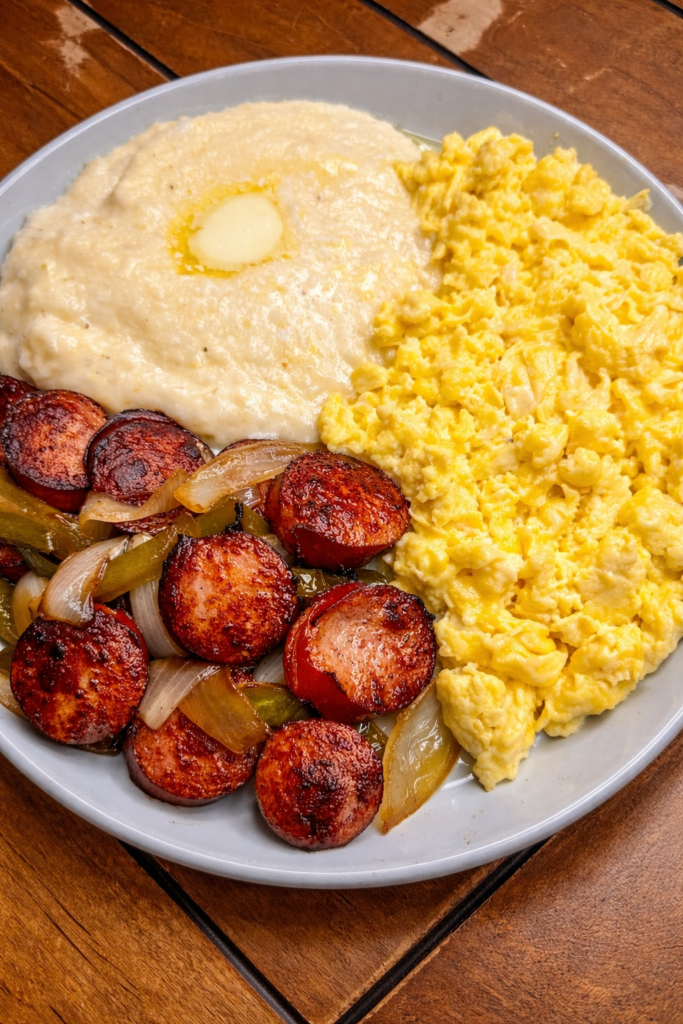 Southern breakfast skillet with cheesy grits, fluffy scrambled eggs, and crispy sausage slices