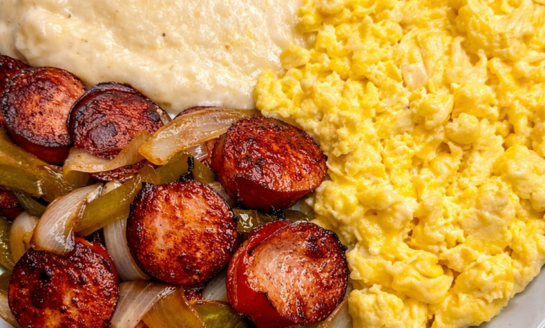 Southern breakfast skillet with cheesy grits, fluffy scrambled eggs, and crispy sausage slices