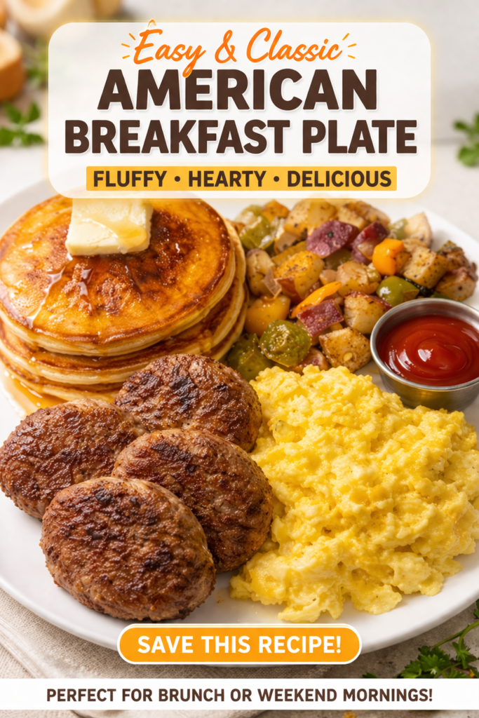 Fluffy pancakes with butter and syrup served with eggs, sausage patties, and breakfast potatoes