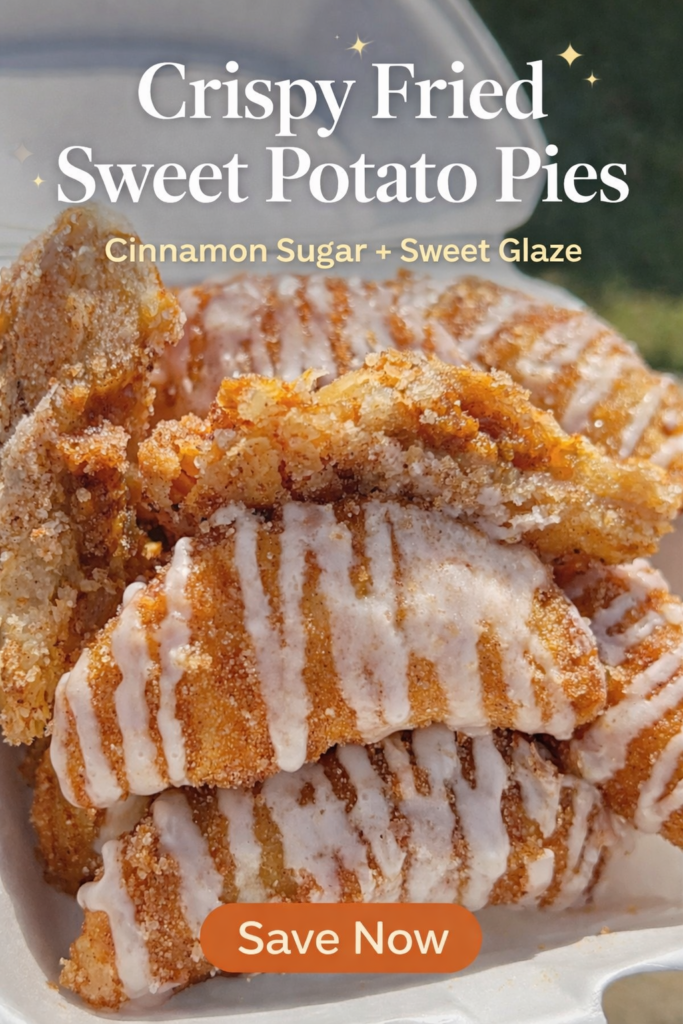 Crispy fried sweet potato hand pies with glaze drizzle and cinnamon sugar coating