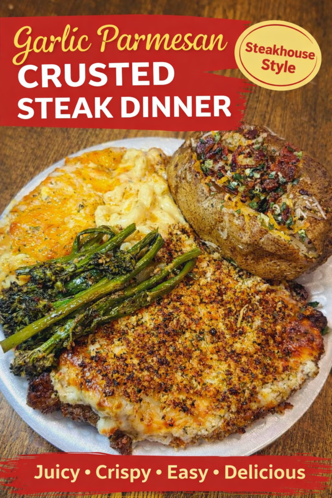 garlic parmesan crusted steak with mac and cheese and loaded baked potato