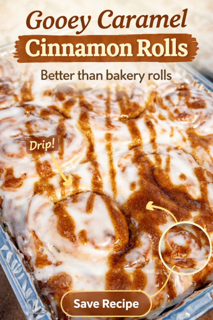 Soft homemade cinnamon rolls with vanilla glaze and caramel drizzle in a baking pan.
