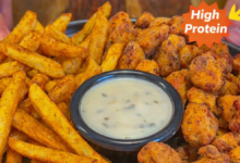 Healthy air fryer popcorn chicken and crispy fries high protein meal