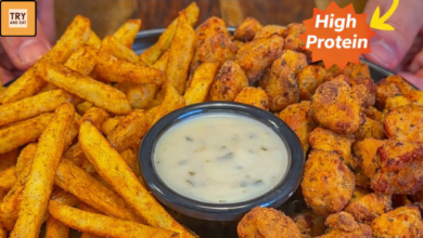 Healthy air fryer popcorn chicken and crispy fries high protein meal