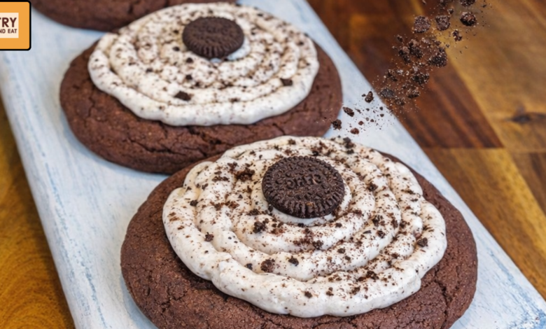 Healthy Crumbl style Oreo protein cookies with creamy frosting and Oreo crumble topping.