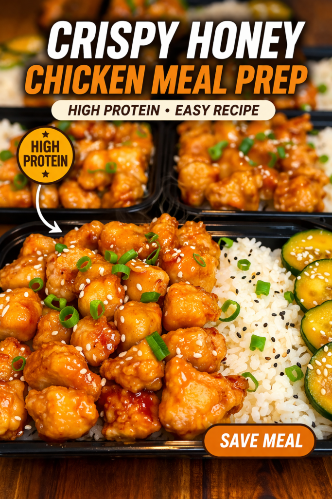 Crispy honey chicken meal prep with white rice and cucumbers in containers