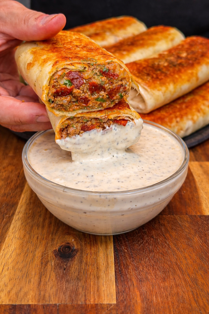 crispy high protein pizza burrito dipped in creamy sauce with cheesy filling